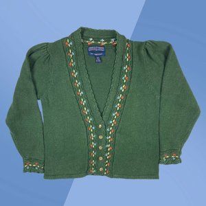 Vintage Herman Geist Green Floral Hand Embroidered Knit L/S Cardigan Women's M